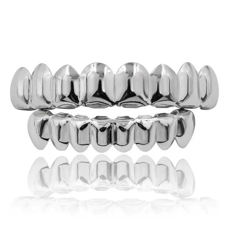 Gold Silver Plated HIP HOP Teeth Grillz Top & Bottom Grills Set With silicone Real Shiny Vampire Tooth Sets