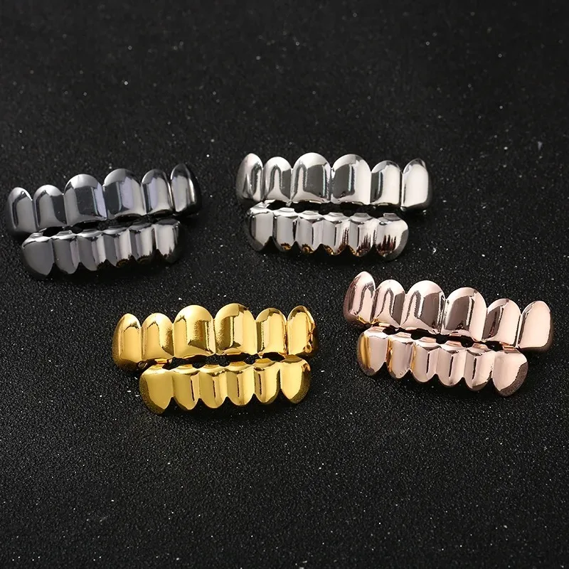 Hip Hop 6/6 Teeth Grills Hip Hop 14K Gold Plated Tooth Caps Decor Braces Punk Cosplay Party Braces For Fashion Women Men Jewelry