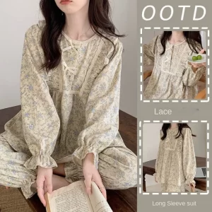Women Plus Size Pajamas Garden Style Student Homewear Two-piece Korean Version Of The Bow Can Be Worn Outside Long-sleeved Women