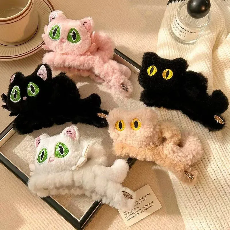 2025 New Plush Black Cat Hair Claw Clip, Large Cartoon Hair Claw for Women, Cute Autumn Winter Hair Accessories for Back of Head