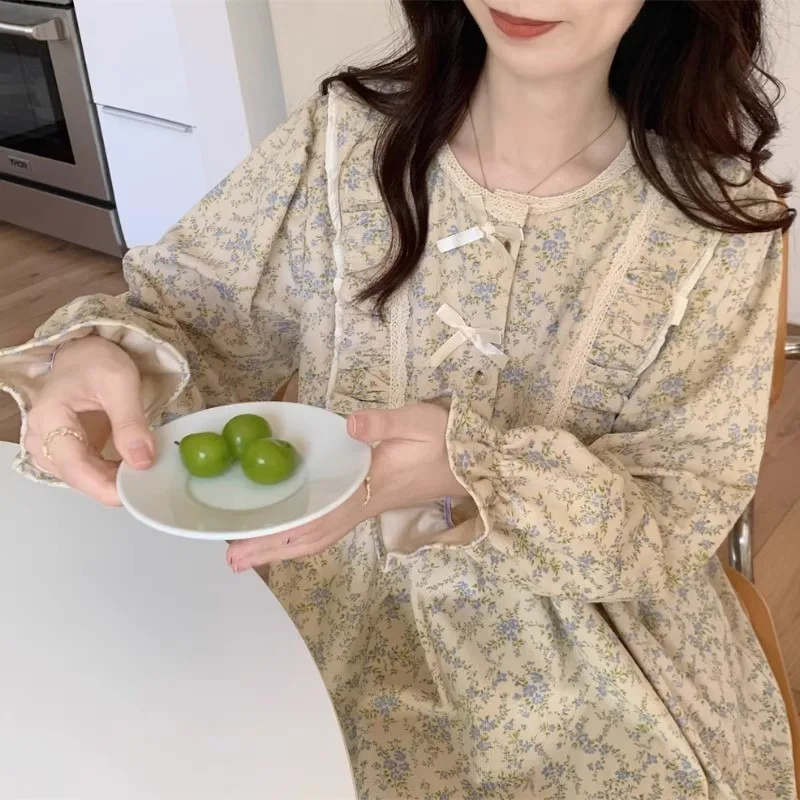 Women Plus Size Pajamas Garden Style Student Homewear Two-piece Korean Version Of The Bow Can Be Worn Outside Long-sleeved Women - Image 5