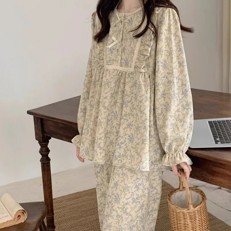 Women Plus Size Pajamas Garden Style Student Homewear Two-piece Korean Version Of The Bow Can Be Worn Outside Long-sleeved Women - Image 4