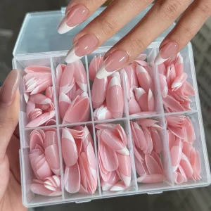 360/240/120pcs Pink Almond French Fake Nails Glossy Soft Gel Simple Press On Nails Full Cover Acrylic Wearable Women False nails