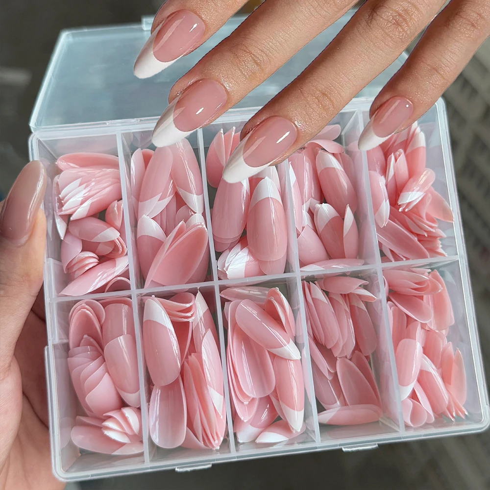 360/240/120pcs Pink Almond French Fake Nails Glossy Soft Gel Simple Press On Nails Full Cover Acrylic Wearable Women False nails